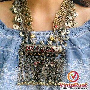 Kuchi Pendant Necklace, Gypsy Silver Tassels, Tribal Jewelry